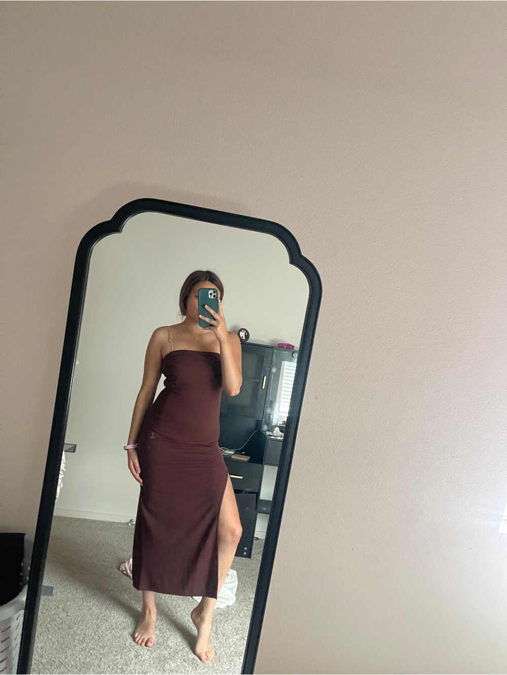 Amazon Strapless Brown Midi Dress with Thigh Slit